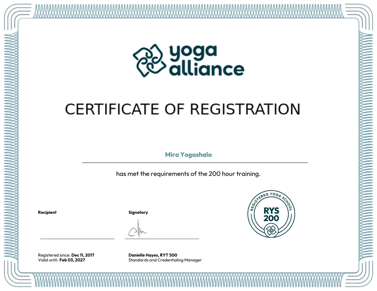 Mira Yogashala Yoga Alliance RYS 200 certificate of registration